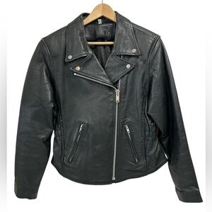 Vintage Black Leather Heavy Duty Women's Moto Jacket Coat with Braided Detailing